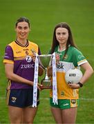 15 April 2025; Intermediate footballers Aisling Halligan of Wexford and Michele Mann of Offaly in attendance at the launch of the TG4 Leinster LGFA Championships at Parnell Park in Dublin. Photo by Sam Barnes/Sportsfile