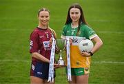 15 April 2025; Intermediate footballers Fiona Coyle of Westmeath and Michele Mann of Offaly in attendance at the launch of the TG4 Leinster LGFA Championships at Parnell Park in Dublin. Photo by Sam Barnes/Sportsfile