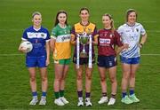 15 April 2025; In attendance at the launch of the TG4 Leinster LGFA Championships are Intermediate footballers from left, Andrea Moran of Laois, Michele Mann of Offaly, Aisling Halligan of Wexford, Fiona Coyle of Westmeath and Sarah Jane Winders of Wicklow at Parnell Park in Dublin. Photo by Sam Barnes/Sportsfile
