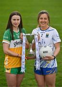 15 April 2025; Intermediate footballers Michele Mann of Offaly and Sarah Jane Winders of Wicklow in attendance at the launch of the TG4 Leinster LGFA Championships at Parnell Park in Dublin. Photo by Sam Barnes/Sportsfile