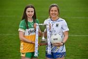 15 April 2025; Intermediate footballers Michele Mann of Offaly and Sarah Jane Winders of Wicklow in attendance at the launch of the TG4 Leinster LGFA Championships at Parnell Park in Dublin. Photo by Sam Barnes/Sportsfile