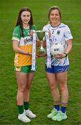 15 April 2025; Intermediate footballers Michele Mann of Offaly and Sarah Jane Winders of Wicklow in attendance at the launch of the TG4 Leinster LGFA Championships at Parnell Park in Dublin. Photo by Sam Barnes/Sportsfile