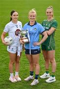 15 April 2025; In attendance at the launch of the are senior footballers from left, Laoise Lenehan of Kildare, Carla Rowe of Dublin, holding the Mary Ramsbottom Memorial Cup, and Aoibhín Cleary of Meath at Parnell Park in Dublin. Photo by Sam Barnes/Sportsfile