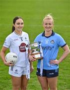 15 April 2025; Senior footballers Laoise Lenehan of Kildare and Carla Rowe of Dublin with the Mary Ramsbottom Memorial Cup at the launch of the TG4 Leinster LGFA Championships at Parnell Park in Dublin. Photo by Sam Barnes/Sportsfile