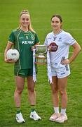 15 April 2025; Senior footballers Aoibhín Cleary of Meath and Laoise Lenehan of Kildare with the Mary Ramsbottom Memorial Cup at the launch of the TG4 Leinster LGFA Championships at Parnell Park in Dublin. Photo by Sam Barnes/Sportsfile