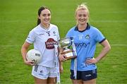 15 April 2025; Senior footballers Laoise Lenehan of Kildare and Carla Rowe of Dublin with the Mary Ramsbottom Memorial Cup at the launch of the TG4 Leinster LGFA Championships at Parnell Park in Dublin. Photo by Sam Barnes/Sportsfile