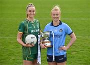15 April 2025; Senior footballers Aoibhín Cleary of Meath and Carla Rowe of Dublin with the Mary Ramsbottom Memorial Cup at the launch of the TG4 Leinster LGFA Championships at Parnell Park in Dublin. Photo by Sam Barnes/Sportsfile