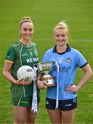 15 April 2025; Senior footballers Aoibhín Cleary of Meath and Carla Rowe of Dublin with the Mary Ramsbottom Memorial Cup at the launch of the TG4 Leinster LGFA Championships at Parnell Park in Dublin. Photo by Sam Barnes/Sportsfile