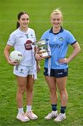 15 April 2025; Senior footballers Laoise Lenehan of Kildare and Carla Rowe of Dublin with the Mary Ramsbottom Memorial Cup at the launch of the TG4 Leinster LGFA Championships at Parnell Park in Dublin. Photo by Sam Barnes/Sportsfile