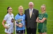 15 April 2025; In attendance at the launch of the TG4 Leinster LGFA Championships is Leinster LGFA President Arthur Corrigan, with senior footballers from left, Laoise Lenehan of Kildare, Carla Rowe of Dublin, holding the Mary Ramsbottom Memorial Cup,  and Aoibhín Cleary of Meath at Parnell Park in Dublin. Photo by Sam Barnes/Sportsfile