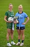 15 April 2025; Senior footballers Aoibhín Cleary of Meath and Carla Rowe of Dublin with the Mary Ramsbottom Memorial Cup at the launch of the TG4 Leinster LGFA Championships at Parnell Park in Dublin. Photo by Sam Barnes/Sportsfile