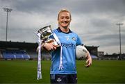 15 April 2025; Carla Rowe of Dublin poses for a portrait with the Mary Ramsbottom Memorial Cup at the launch of the TG4 Leinster LGFA Championships at Parnell Park in Dublin. Photo by Sam Barnes/Sportsfile