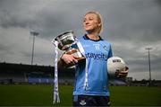 15 April 2025; Carla Rowe of Dublin poses for a portrait with the Mary Ramsbottom Memorial Cup at the launch of the TG4 Leinster LGFA Championships at Parnell Park in Dublin. Photo by Sam Barnes/Sportsfile