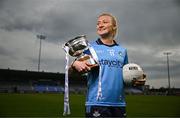 15 April 2025; Carla Rowe of Dublin poses for a portrait with the Mary Ramsbottom Memorial Cup at the launch of the TG4 Leinster LGFA Championships at Parnell Park in Dublin. Photo by Sam Barnes/Sportsfile