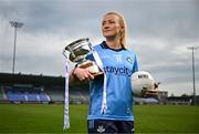 15 April 2025; Carla Rowe of Dublin poses for a portrait with the Mary Ramsbottom Memorial Cup at the launch of the TG4 Leinster LGFA Championships at Parnell Park in Dublin. Photo by Sam Barnes/Sportsfile