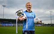 15 April 2025; Carla Rowe of Dublin poses for a portrait with the Mary Ramsbottom Memorial Cup at the launch of the TG4 Leinster LGFA Championships at Parnell Park in Dublin. Photo by Sam Barnes/Sportsfile
