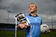 15 April 2025; Carla Rowe of Dublin poses for a portrait with the Mary Ramsbottom Memorial Cup at the launch of the TG4 Leinster LGFA Championships at Parnell Park in Dublin. Photo by Sam Barnes/Sportsfile