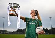 15 April 2025; Aoibhín Cleary of Meath poses for a portrait with the Mary Ramsbottom Memorial Cup at the launch of the TG4 Leinster LGFA Championships at Parnell Park in Dublin. Photo by Sam Barnes/Sportsfile