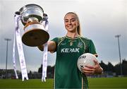 15 April 2025; Aoibhín Cleary of Meath poses for a portrait with the Mary Ramsbottom Memorial Cup at the launch of the TG4 Leinster LGFA Championships at Parnell Park in Dublin. Photo by Sam Barnes/Sportsfile