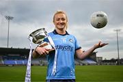 15 April 2025; Carla Rowe of Dublin poses for a portrait with the Mary Ramsbottom Memorial Cup at the launch of the TG4 Leinster LGFA Championships at Parnell Park in Dublin. Photo by Sam Barnes/Sportsfile