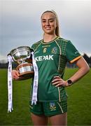 15 April 2025; Aoibhín Cleary of Meath poses for a portrait with the Mary Ramsbottom Memorial Cup at the launch of the TG4 Leinster LGFA Championships at Parnell Park in Dublin. Photo by Sam Barnes/Sportsfile