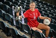 15 April 2025; Shannen McLoughlin of Louth poses for a portrait at the launch of the TG4 Leinster LGFA Championships at Parnell Park in Dublin. Photo by Sam Barnes/Sportsfile