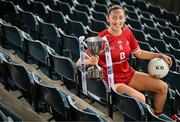15 April 2025; Shannen McLoughlin of Louth poses for a portrait at the launch of the TG4 Leinster LGFA Championships at Parnell Park in Dublin. Photo by Sam Barnes/Sportsfile