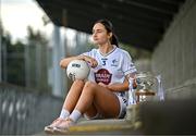 15 April 2025; Laoise Lenehan of Kildare poses for a portrait with the Mary Ramsbottom Memorial Cup at the launch of the TG4 Leinster LGFA Championships at Parnell Park in Dublin. Photo by Sam Barnes/Sportsfile