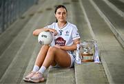 15 April 2025; Laoise Lenehan of Kildare poses for a portrait with the Mary Ramsbottom Memorial Cup at the launch of the TG4 Leinster LGFA Championships at Parnell Park in Dublin. Photo by Sam Barnes/Sportsfile