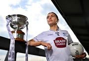15 April 2025; Laoise Lenehan of Kildare poses for a portrait with the Mary Ramsbottom Memorial Cup at the launch of the TG4 Leinster LGFA Championships at Parnell Park in Dublin. Photo by Sam Barnes/Sportsfile