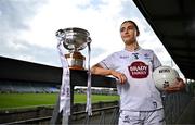 15 April 2025; Laoise Lenehan of Kildare poses for a portrait with the Mary Ramsbottom Memorial Cup at the launch of the TG4 Leinster LGFA Championships at Parnell Park in Dublin. Photo by Sam Barnes/Sportsfile