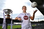 15 April 2025; Laoise Lenehan of Kildare poses for a portrait with the Mary Ramsbottom Memorial Cup at the launch of the TG4 Leinster LGFA Championships at Parnell Park in Dublin. Photo by Sam Barnes/Sportsfile