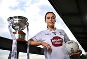 15 April 2025; Laoise Lenehan of Kildare poses for a portrait with the Mary Ramsbottom Memorial Cup at the launch of the TG4 Leinster LGFA Championships at Parnell Park in Dublin. Photo by Sam Barnes/Sportsfile