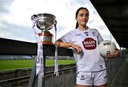 15 April 2025; Laoise Lenehan of Kildare poses for a portrait with the Mary Ramsbottom Memorial Cup at the launch of the TG4 Leinster LGFA Championships at Parnell Park in Dublin. Photo by Sam Barnes/Sportsfile