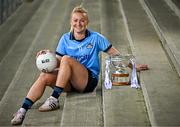 15 April 2025; Carla Rowe of Dublin poses for a portrait with the Mary Ramsbottom Memorial Cup at the launch of the TG4 Leinster LGFA Championships at Parnell Park in Dublin. Photo by Sam Barnes/Sportsfile