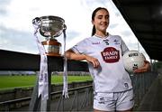 15 April 2025; Laoise Lenehan of Kildare poses for a portrait with the Mary Ramsbottom Memorial Cup at the launch of the TG4 Leinster LGFA Championships at Parnell Park in Dublin. Photo by Sam Barnes/Sportsfile