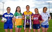 15 April 2025; In attendance at the launch of the TG4 Leinster LGFA Championships are Intermediate footballers from left, Andrea Moran of Laois, Michele Mann of Offaly, Aisling Halligan of Wexford, Fiona Coyle of Westmeath and Sarah Jane Winders of Wicklow at Parnell Park in Dublin. Photo by Sam Barnes/Sportsfile