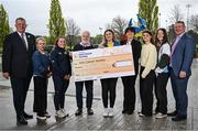16 April 2025; Pictured at UCD Sports Centre during the presentation of Daffodil Day proceeds to the Irish Cancer Society are, from left, UCD RFC president Barry Sheehan, UCD RFC club manager Ciara O'Connor, UCD WRFC captain Emma Kelly, John Hammond of UCD RFC, Sinead Gillespie of Irish Cancer Society, UCD President Professor Orla Feely, sports management students Caithlin Walsh and Scarlett Herron and director of student services Dominic O'Keeffe. Photo by Shauna Clinton/Sportsfile