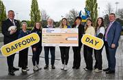 16 April 2025; Pictured at UCD Sports Centre during the presentation of Daffodil Day proceeds to the Irish Cancer Society are, from left, UCD RFC president Barry Sheehan, UCD RFC club manager Ciara O'Connor, UCD WRFC captain Emma Kelly, John Hammond of UCD RFC, Sinead Gillespie of Irish Cancer Society, UCD President Professor Orla Feely, sports management students Caithlin Walsh and Scarlett Herron and director of student services Dominic O'Keeffe. Photo by Shauna Clinton/Sportsfile