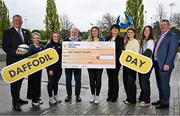 16 April 2025; Pictured at UCD Sports Centre during the presentation of Daffodil Day proceeds to the Irish Cancer Society are, from left, UCD RFC president Barry Sheehan, UCD RFC club manager Ciara O'Connor, UCD WRFC captain Emma Kelly, John Hammond of UCD RFC, Sinead Gillespie of Irish Cancer Society, UCD President Professor Orla Feely, sports management students Caithlin Walsh and Scarlett Herron and director of student services Dominic O'Keeffe. Photo by Shauna Clinton/Sportsfile