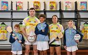 16 April 2025; Kellogg’s GAA Cúl Camps ambassadors, Galway footballer Damien Comer and Cork camogie player Amy O’Connor, pictured with, from left, James Lynskey, Lucian Koester and Holly Dwyer today at Croke Park for the launch of the 2025 Kellogg’s GAA Cúl Camps. A key part of this year's campaign is the new Cúl and Curious initiative, a unique introductory GAA Cúl Camps experience designed for children from migrant families, creating a shared experience with local Irish children and fostering a sense of community. The bespoke camp will take place in St Breckan’s GAA in Lisdoonvarna on April 17th. Photo by Sam Barnes/Sportsfile
