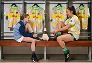 16 April 2025; Cork camogie player and Kellogg’s GAA Cúl Camps ambassador, Amy O’Connor, right, pictured with Holly Dwyer today at Croke Park for the launch of the 2025 Kellogg’s GAA Cúl Camps. A key part of this year's campaign is the new Cúl and Curious initiative, a unique introductory GAA Cúl Camps experience designed for children from migrant families, creating a shared experience with local Irish children and fostering a sense of community. The bespoke camp will take place in St Breckan’s GAA in Lisdoonvarna on April 17th. Photo by Sam Barnes/Sportsfile