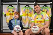 16 April 2025; Galway fFootballer and Kellogg’s GAA Cúl Camps ambassador, Damien Comer, right, pictured with James Lynskey today at Croke Park for the launch of the 2025 Kellogg’s GAA Cúl Camps. A key part of this year's campaign is the new Cúl and Curious initiative, a unique introductory GAA Cúl Camps experience designed for children from migrant families, creating a shared experience with local Irish children and fostering a sense of community. The bespoke camp will take place in St Breckan’s GAA in Lisdoonvarna on April 17th. Photo by Sam Barnes/Sportsfile