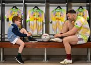 16 April 2025; Galway footballer and Kellogg’s GAA Cúl Camps ambassador, Damien Comer, right, pictured with James Lynskey today at Croke Park for the launch of the 2025 Kellogg’s GAA Cúl Camps. A key part of this year's campaign is the new Cúl and Curious initiative, a unique introductory GAA Cúl Camps experience designed for children from migrant families, creating a shared experience with local Irish children and fostering a sense of community. The bespoke camp will take place in St Breckan’s GAA in Lisdoonvarna on April 17th. Photo by Sam Barnes/Sportsfile