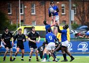 16 April 2025; Zach McBride of Metro wins possession in a lineout during the BearingPoint Shane Horgan Cup Round 5 match between Metro and North Midlands at Energia Park in Dublin. Photo by Shauna Clinton/Sportsfile