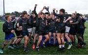 16 April 2025; Metro captain Eoghan Saunders lifts the cup with team-mates after his side's victory in the BearingPoint Shane Horgan Cup Round 5 match between Metro and North Midlands at Energia Park in Dublin. Photo by Shauna Clinton/Sportsfile