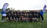 16 April 2025; Metro players celebrate with the trophy alongside Leinster Rugby senior players Jamie Osbourne, left, and Brian Deeny after their side's victory in the BearingPoint Shane Horgan Cup Round 5 match between Metro and North Midlands at Energia Park in Dublin. Photo by Shauna Clinton/Sportsfile