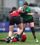 16 April 2025; Amy O'Brien of South East is tackled by Emma O'Rourke of North East during the BearingPoint Sarah Robinson Cup Round 5 match between North East and South East at Energia Park in Dublin. Photo by Shauna Clinton/Sportsfile
