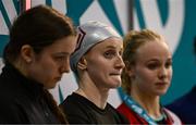 16 April 2025; Danielle Hill of Larne SC after winning the Women's 50m Freestyle final during day five of the Irish Open Swimming Championships at the National Aquatic Centre on the Sport Ireland Campus in Dublin. Photo by Ben McShane/Sportsfile