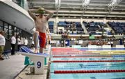 16 April 2025; Louis Jordan of St Fiaccs prepares before competing in the Men's 50m Breaststroke final during day five of the Irish Open Swimming Championships at the National Aquatic Centre on the Sport Ireland Campus in Dublin. Photo by Ben McShane/Sportsfile